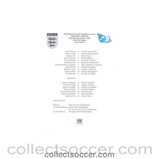 2001 - England v Greece official teamsheet 06/10/2001 World Cup 2002 Qualifier - Collect Soccer