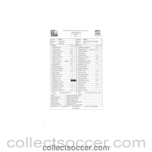 2001 - France v Mexico official teamsheet 03/06/2001 Confederations Cup in Korea/Japan - Collect Soccer