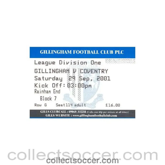 2001 - Gillingham v Coventry City ticket 29/09/2001 Football League