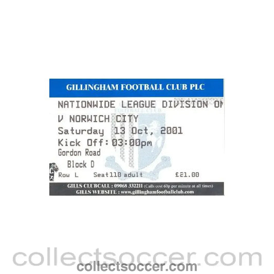 2001 - Gillingham v Norwich City ticket 13/10/2001 Football League
