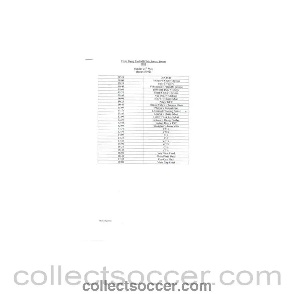 2001 - Hong Kong Sevens Order Of Play 27/05/2001
