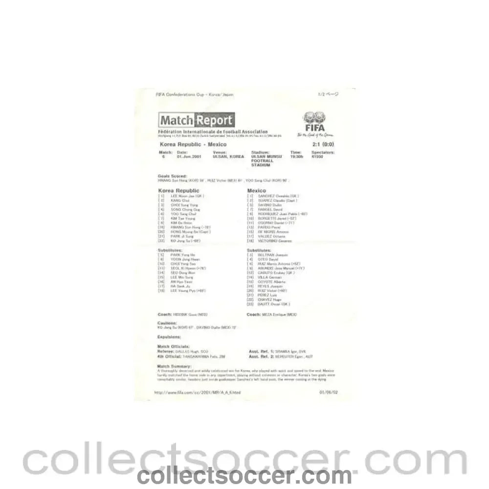 2001 - Korea Republic v Mexico official teamsheet 01/06/2001 Confederations Cup - Collect Soccer