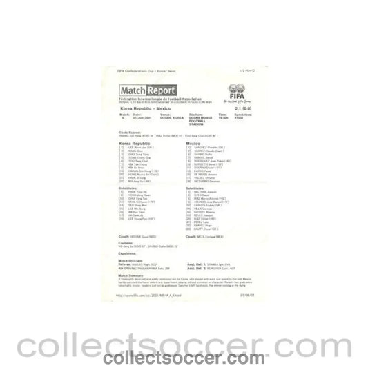 2001 - Korea Republic v Mexico official teamsheet 01/06/2001 Confederations Cup - Collect Soccer
