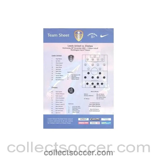 2001 - Leeds v Chelsea official colour teamsheet 28/11/2001 - Collect Soccer