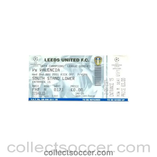 2001 - Leeds v Valencia unused ticket 02/05/2001