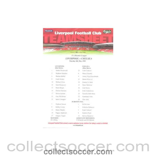 2001 - Liverpool v Chelsea official colour teamsheet 08/05/2001 F.A. Premier League