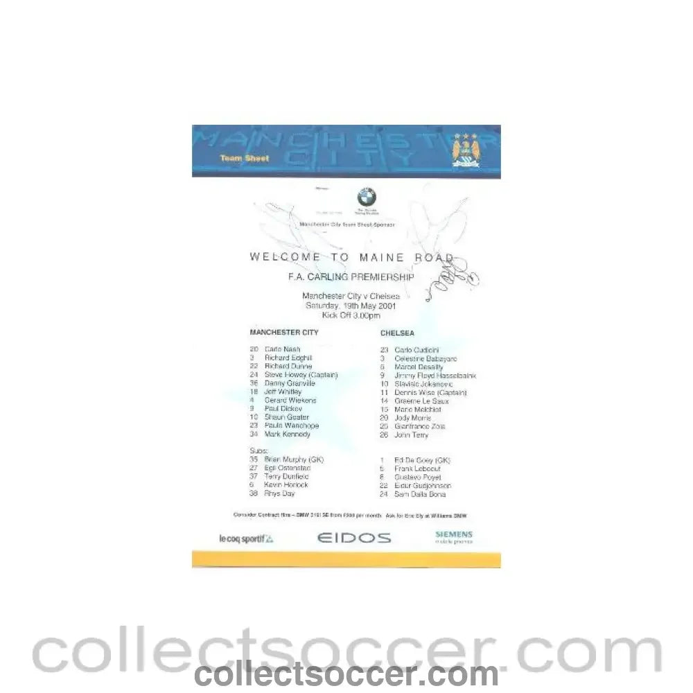 2001 - Manchester City v Chelsea signed teamsheet 19/05/2001 Premier League