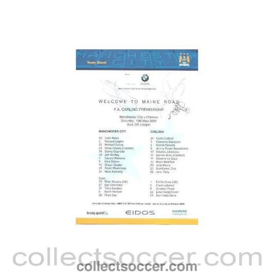 2001 - Manchester City v Chelsea signed teamsheet 19/05/2001 Premier League - Collect Soccer