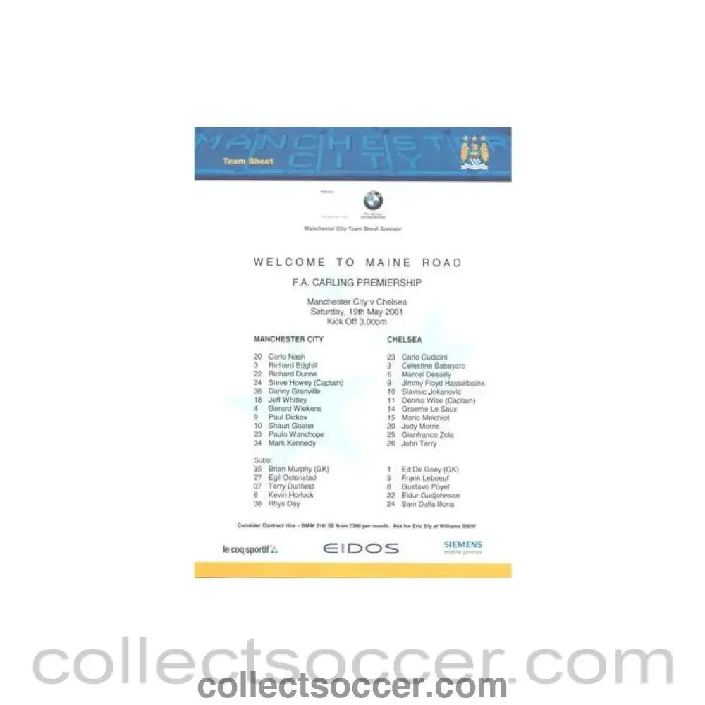 2001 - Manchester City v Chelsea teamsheet 19/05/2001 Premier League - Collect Soccer