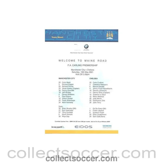 2001 - Manchester City v Chelsea teamsheet 19/05/2001 Premier League - Collect Soccer