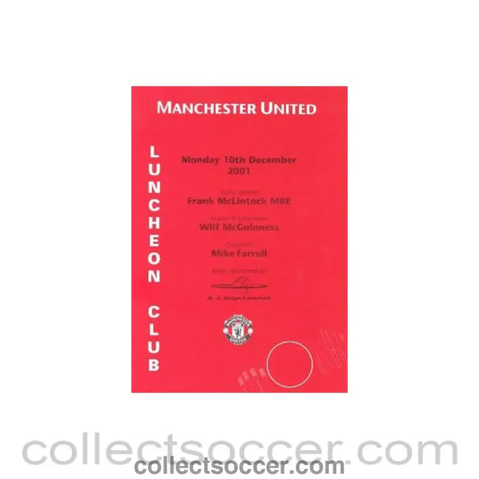 2001 - Manchester United menu 10/12/2001