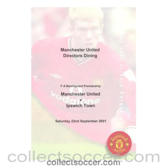 2001 - Manchester United v Ipswich Town menu 11/09/2001