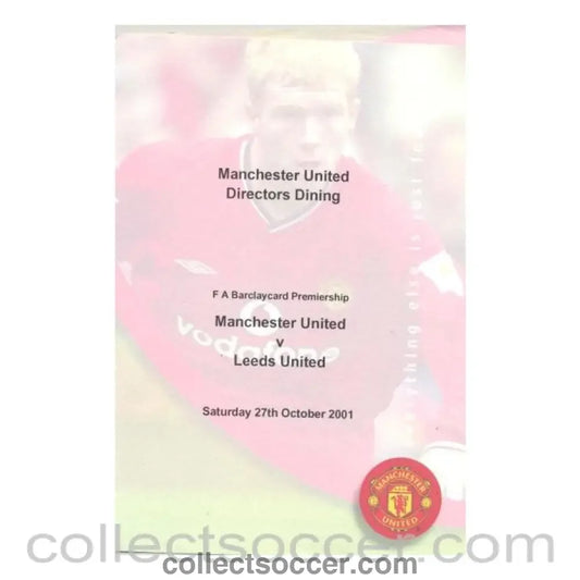 2001 - Manchester United v Leeds United menu 27/10/2001