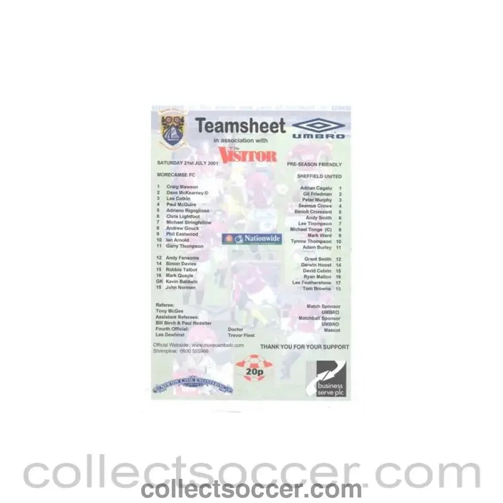 2001 - Morecambe v Sheffield United official colour teamsheet 21/07/2001 Pre - Season Friendly - Collect Soccer