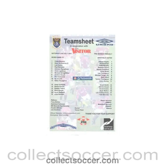 2001 - Morecambe v Sheffield United official colour teamsheet 21/07/2001 Pre-Season Friendly