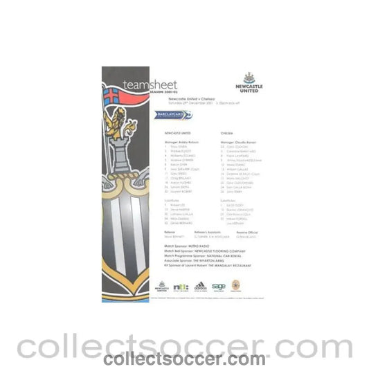 2001 - Newcastle United v Chelsea official colour teamsheet 29/12/2001 - Collect Soccer