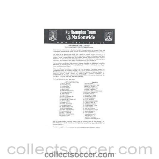 2001 - Northampton v Chelsea media information 01/08/2001 Pre-Season Friendly Match