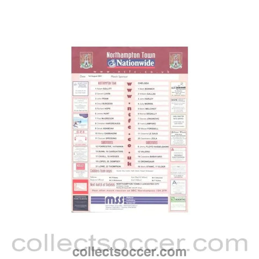 2001 - Northampton v Chelsea official colour teamsheet 01/08/2001 - Collect Soccer