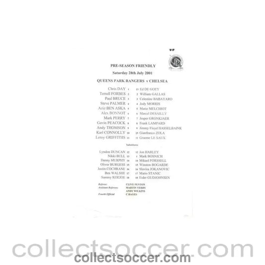 2001 - Queen’s Park Rangers v Chelsea official teamsheet 28/07/2001 Pre-Season Friendly Match
