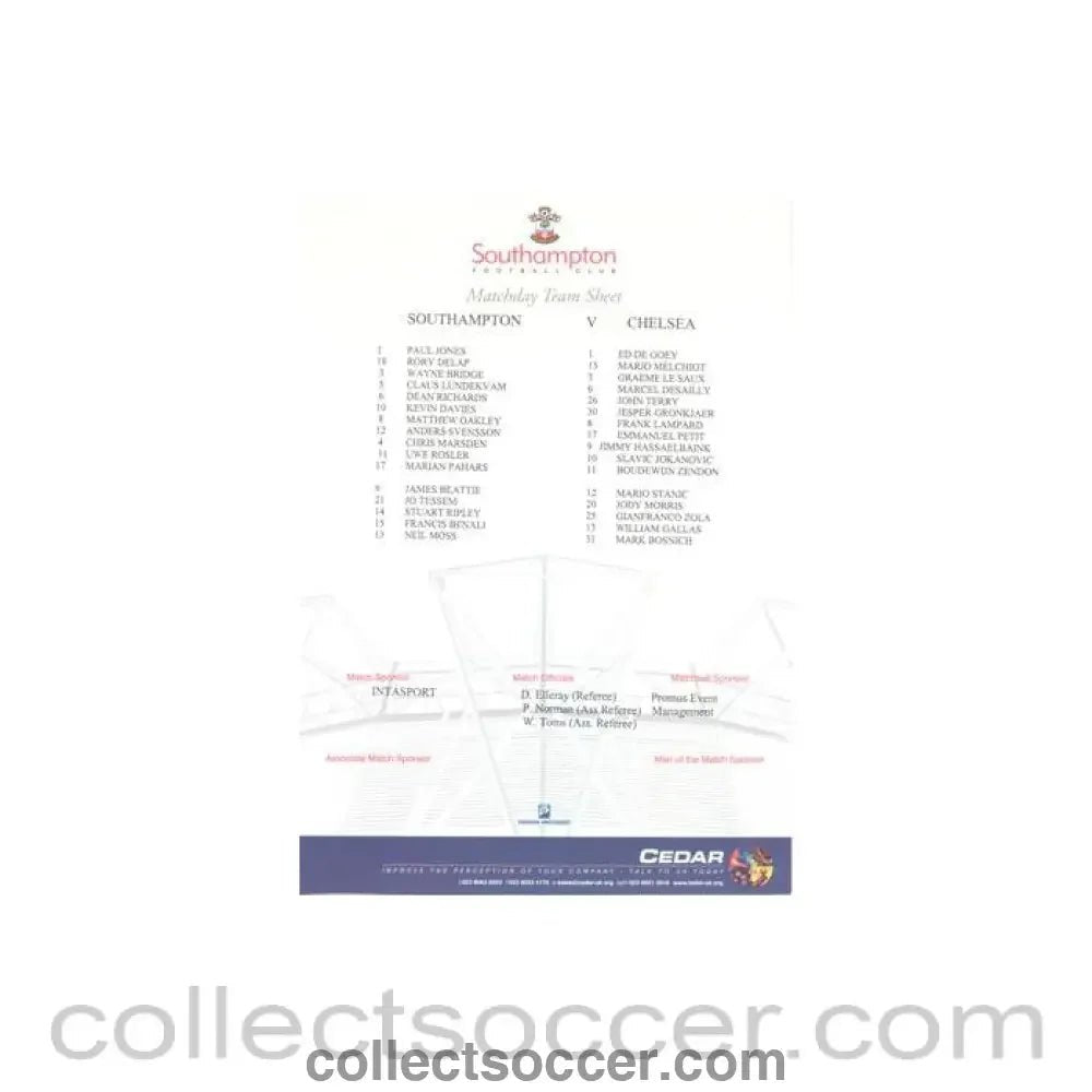 2001 - Southampton v Chelsea official colour teamsheet 25/08/2001 - Collect Soccer
