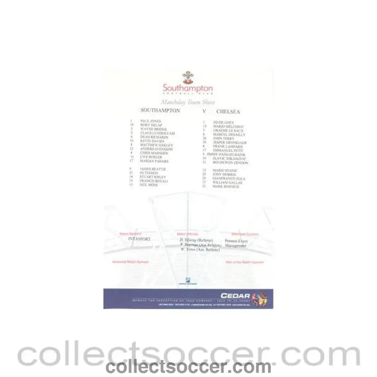 2001 - Southampton v Chelsea official colour teamsheet 25/08/2001