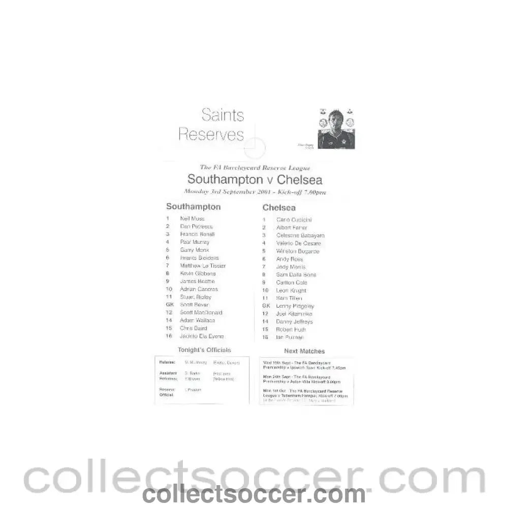 2001 - Southampton v Chelsea teamsheet 03/09/2001 - Collect Soccer