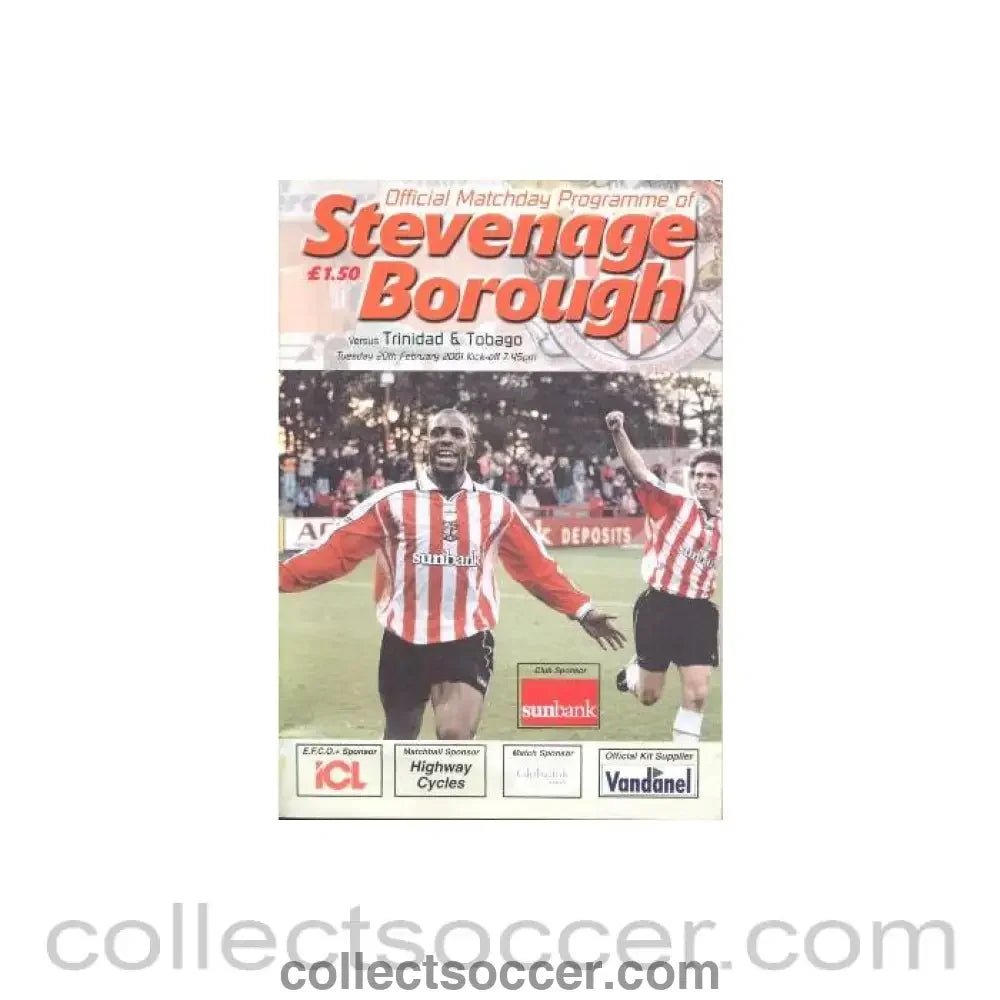 2001 - Stevenage Borough v Trinidad & Tobago official programme 20/02/2001 Friendly - Collect Soccer