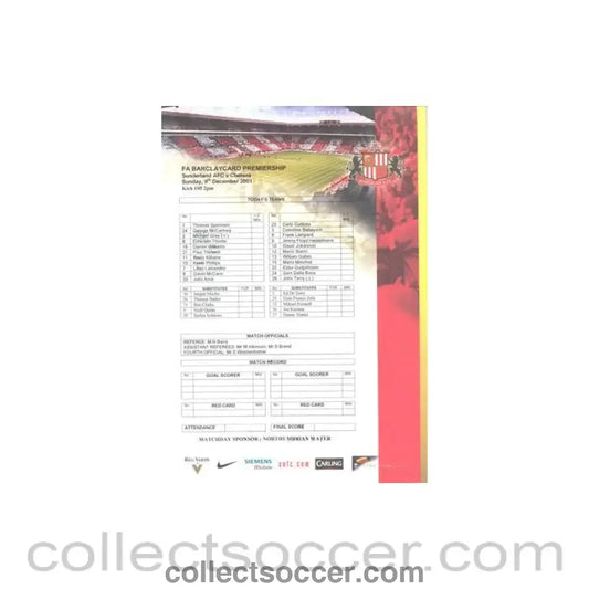 2001 - Sunderland v Chelsea official colour teamsheet 09/12/2001 Premier League