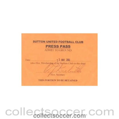 2001 - Sutton United Press Pass of 15/05/2001 - Collect Soccer