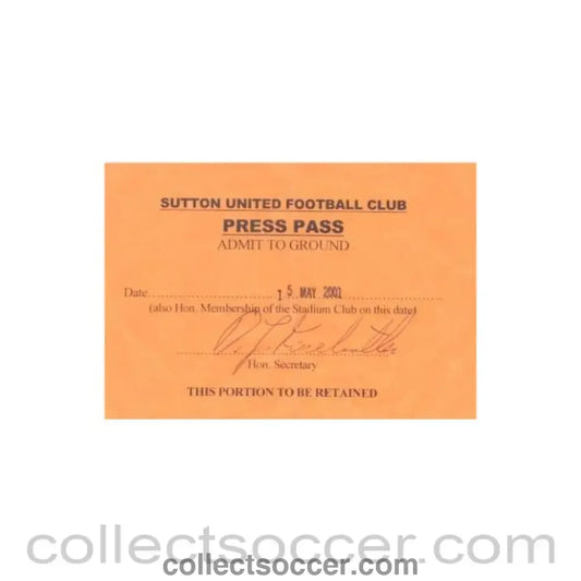 2001 - Sutton United Press Pass of 15/05/2001