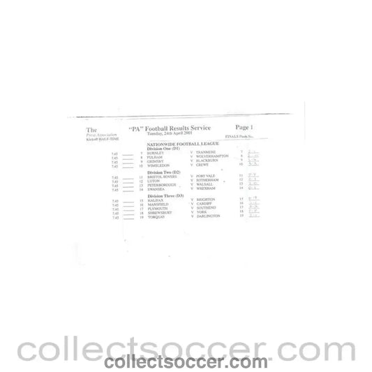 2001 - The Press Association Football Results Service 24/04/2001