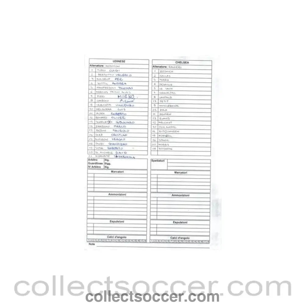 2001 - Udinese v Chelsea handwritten teamsheet 11/08/2001 - Collect Soccer