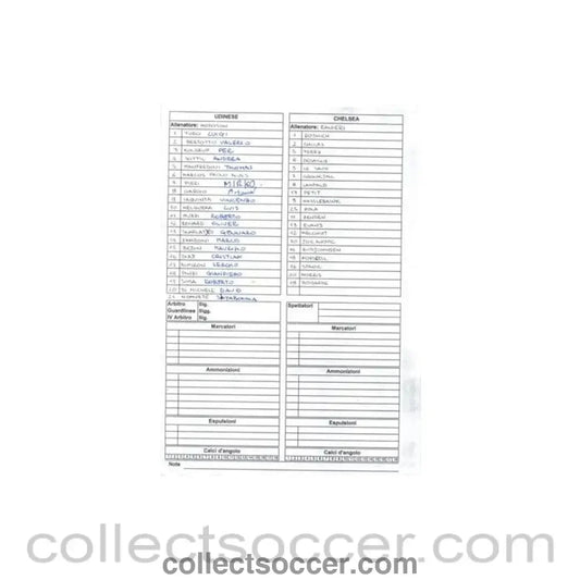 2001 - Udinese v Chelsea handwritten teamsheet 11/08/2001