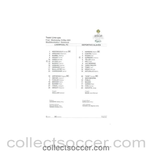 2001 UEFA Cup Final official teamsheet Liverpool v Deportivo Alaves 16/05/2001