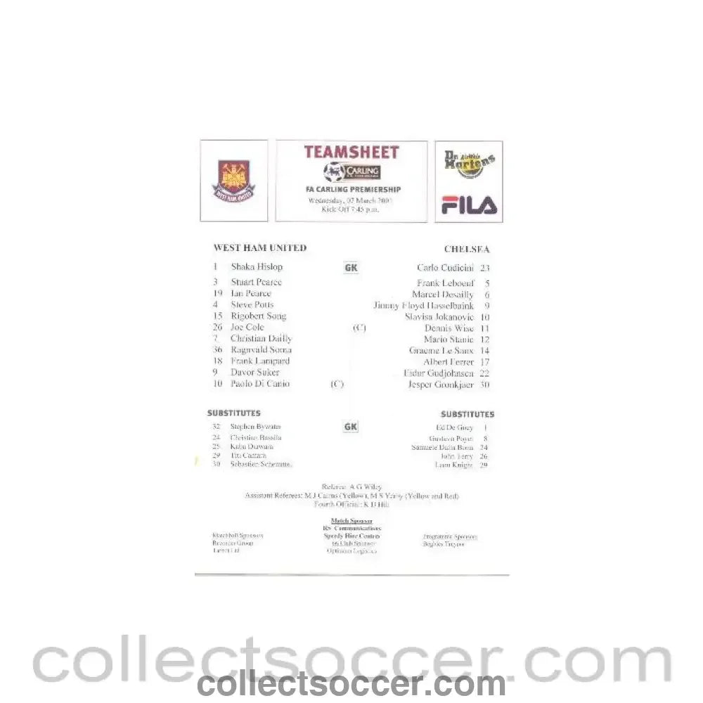 2001 - West Ham United v Chelsea official colour teamsheet 07/03/2001 F.A. Carling Premiership - Collect Soccer