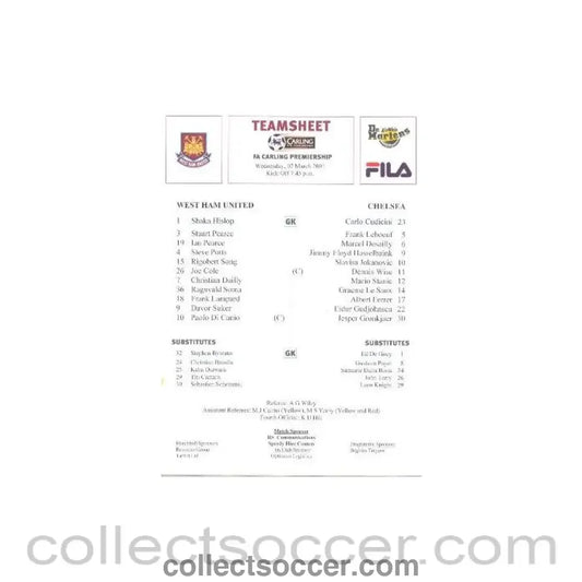 2001 - West Ham United v Chelsea official colour teamsheet 07/03/2001 F.A. Carling Premiership - Collect Soccer