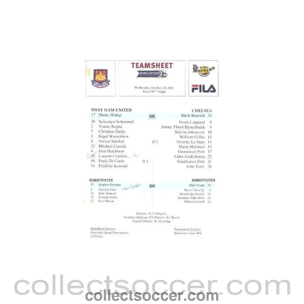2001 - West Ham United v Chelsea official colour teamsheet 24/10/2001 F.A. Barclaycard Premiership - Collect Soccer