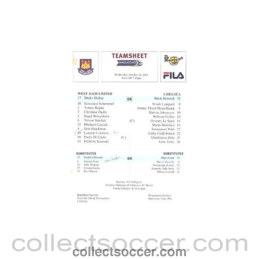 2001 - West Ham United v Chelsea official colour teamsheet 24/10/2001 F.A. Barclaycard Premiership - Collect Soccer