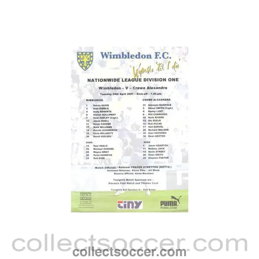 2001 - Wimbledon v Crewe Alexandra official colour teamsheet 24/04/2001 Football League