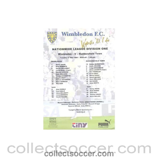 2001 - Wimbledon v Huddersfield Town official colour teamsheet 01/05/2001 Football League