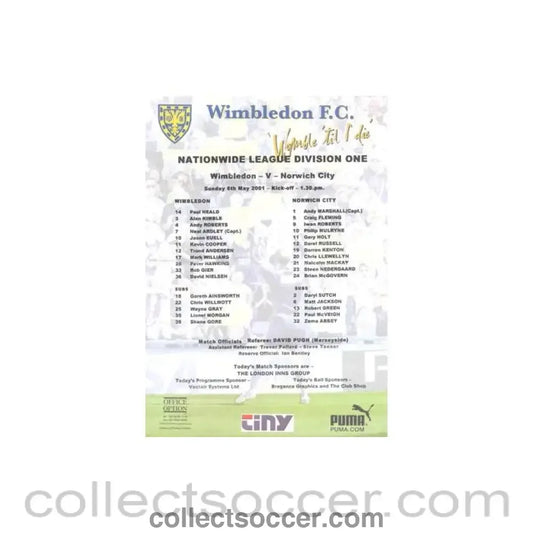 2001 - Wimbledon v Norwich City official colour teamsheet 06/05/2001 Football League