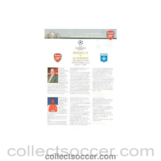2002 - Arsenal v Auxerre official VIP programme 22/10/2002 Champions League