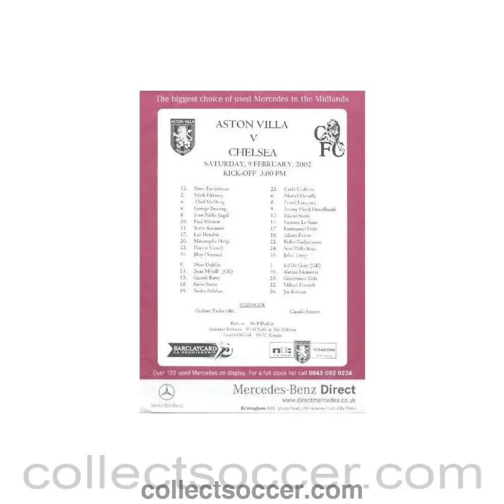 2002 - Aston Villa v Chelsea official colour printed teamsheet 09/02/2002 - Collect Soccer