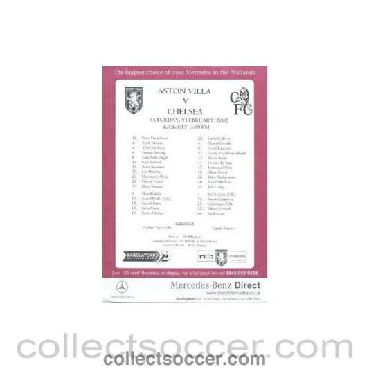 2002 - Aston Villa v Chelsea official colour printed teamsheet 09/02/2002 - Collect Soccer