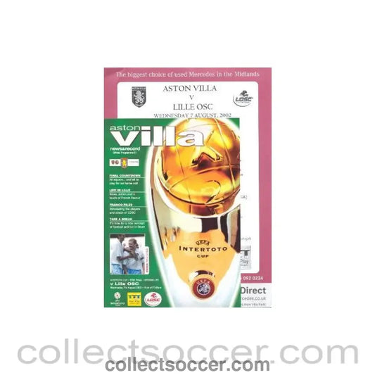 2002 - Aston Villa v Lille official programme 07/08/2002 Intertoto Cup Semi-Final Second Leg with a teamsheet