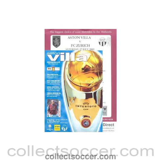 2002 - Aston Villa v Zurich official programme 27/07/2002 Intertoto Cup with a teamsheet