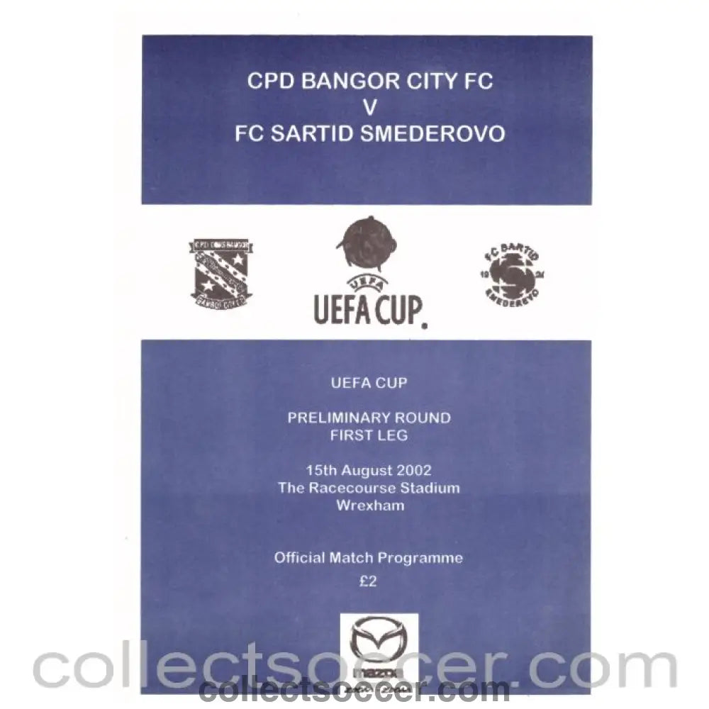 2002 Bangor City v Sartid Smederovo Football Programme - Collect Soccer