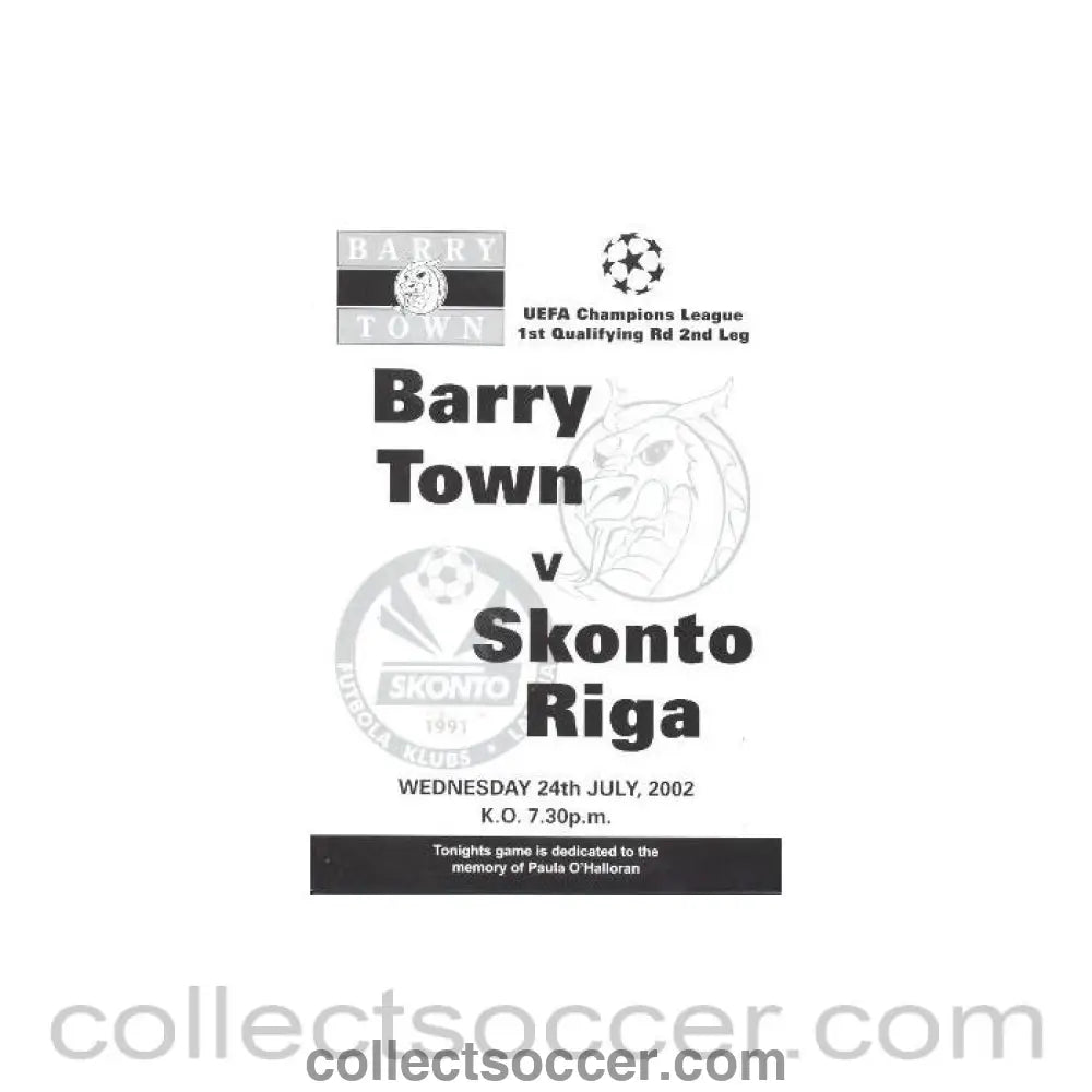 2002 - Barry Town v Skonto Riga official programme 24/07/2002 Champions League - Collect Soccer