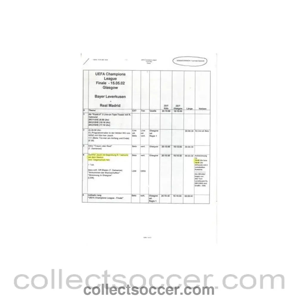 2002 - Bayer Leverkusen v Real Madrid 15/05/2002 Champions League Final in Glasgow script for the German commentators Gunther Jauch and R. Calmund - Collect Soccer