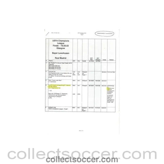 2002 - Bayer Leverkusen v Real Madrid 15/05/2002 Champions League Final in Glasgow script for the German commentators Gunther Jauch and R. Calmund - Collect Soccer